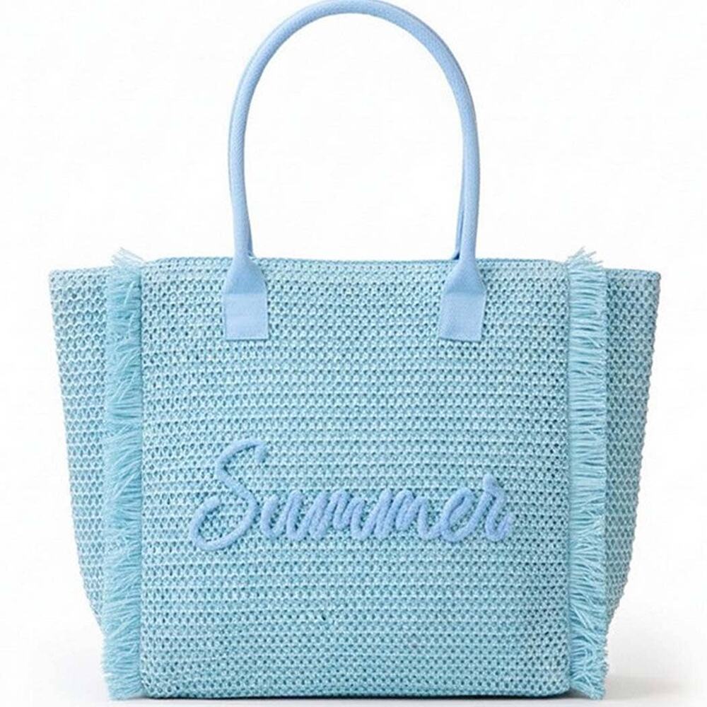 Blue Woven Straw Tote Bag Summer Embroidery Gold Lurex
